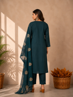 Inaayalina Navy Blue Roman Silk Kurta Set with Organza Dupatta