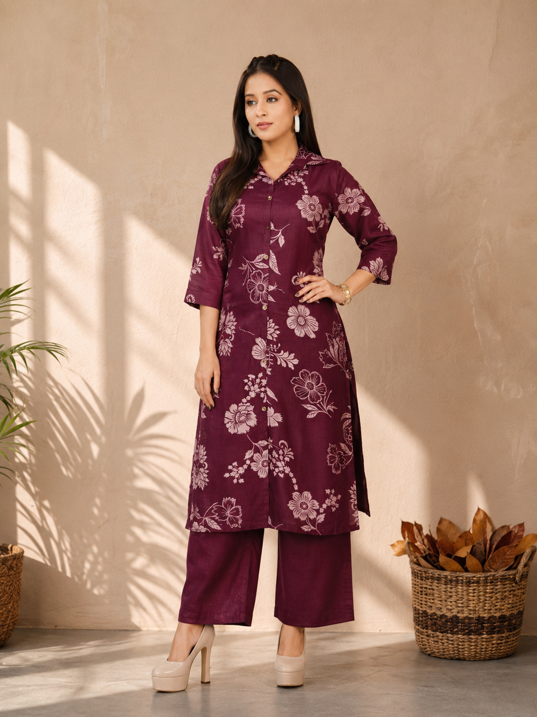 Inaayalina maroon Floral Printed Vatican Fabric Co-ord Set
