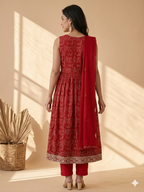 Inaayalina Red Printed Cotton Anarkali Set with Mirror Work