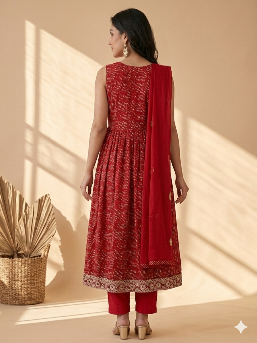 Inaayalina Red Printed Cotton Anarkali Set with Mirror Work
