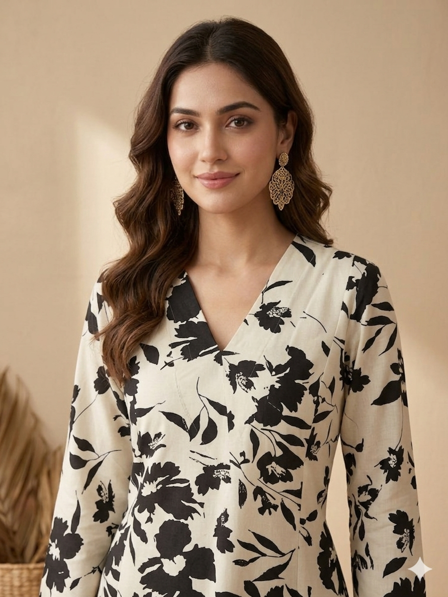 Inaayalina Black & White Floral Printed Cotton Co-ord Set