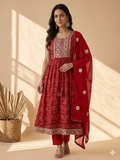 Inaayalina Red Printed Cotton Anarkali Set with Mirror Work