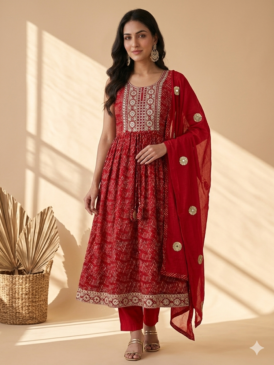 Inaayalina Red Printed Cotton Anarkali Set with Mirror Work