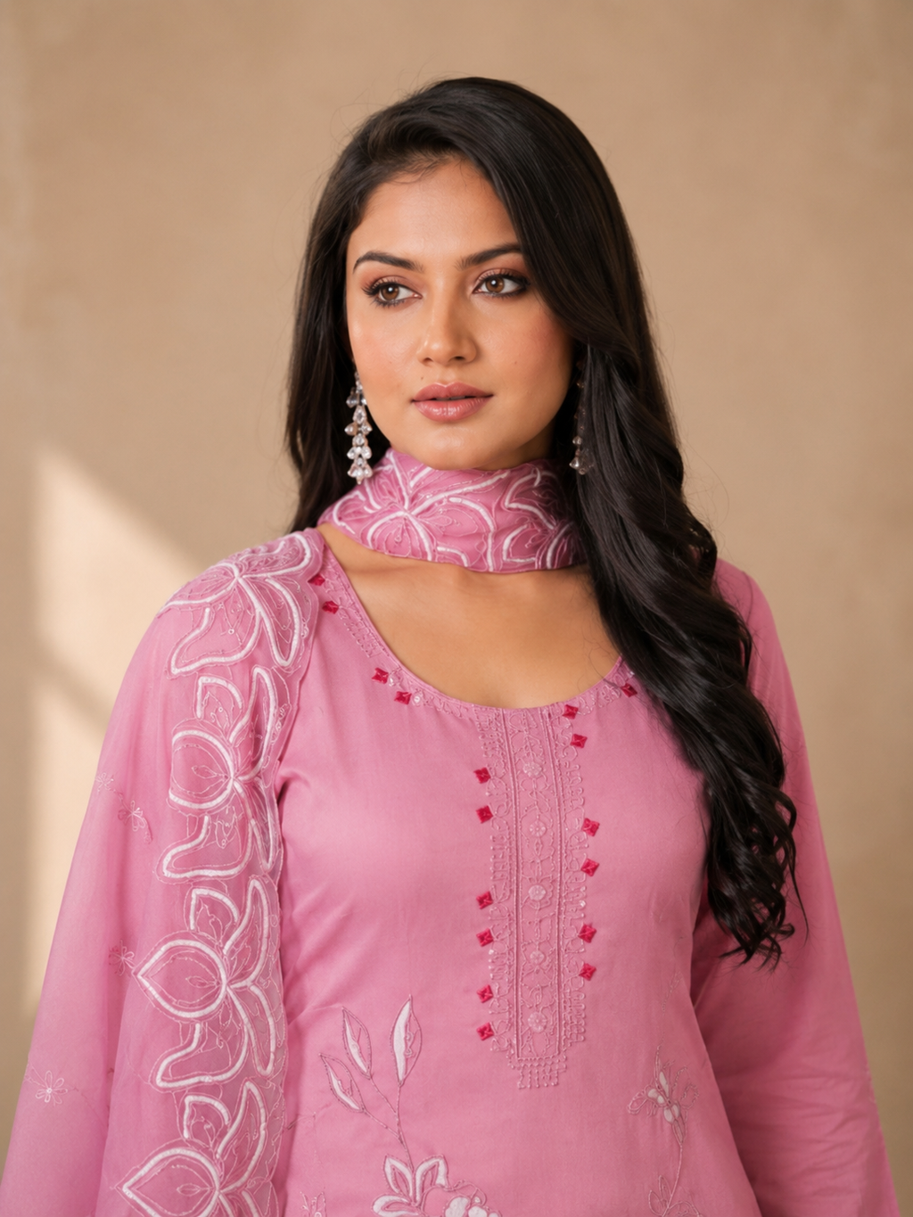 Inaayalina Baby Pink Roman Silk Kurta Set with Organza Dupatta