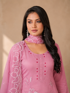 Inaayalina Baby Pink Roman Silk Kurta Set with Organza Dupatta
