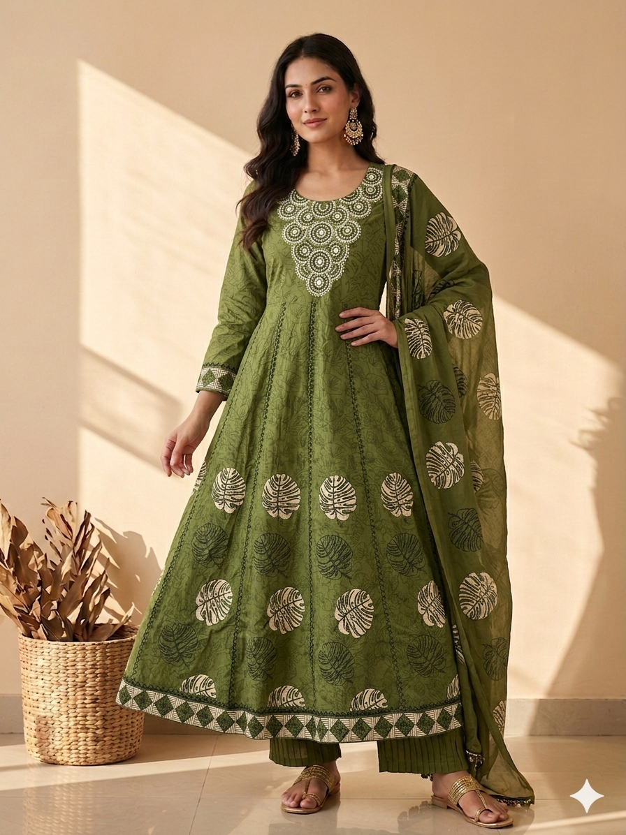 Inaayalina Green Floral Cotton Anarkali Set