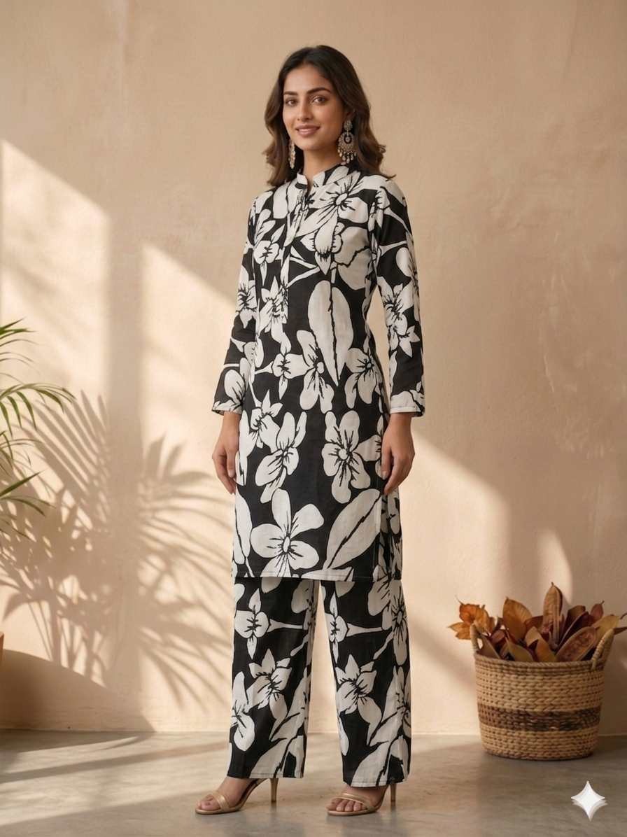 Inaayalina Black Floral Printed Cotton Co-ord Set