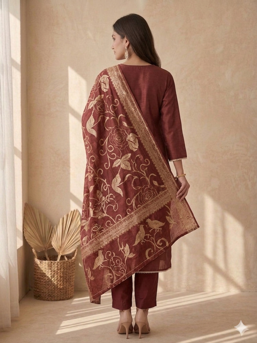Inaayalina Maroon Shimmer Kurta Set with Banarasi Dupatta