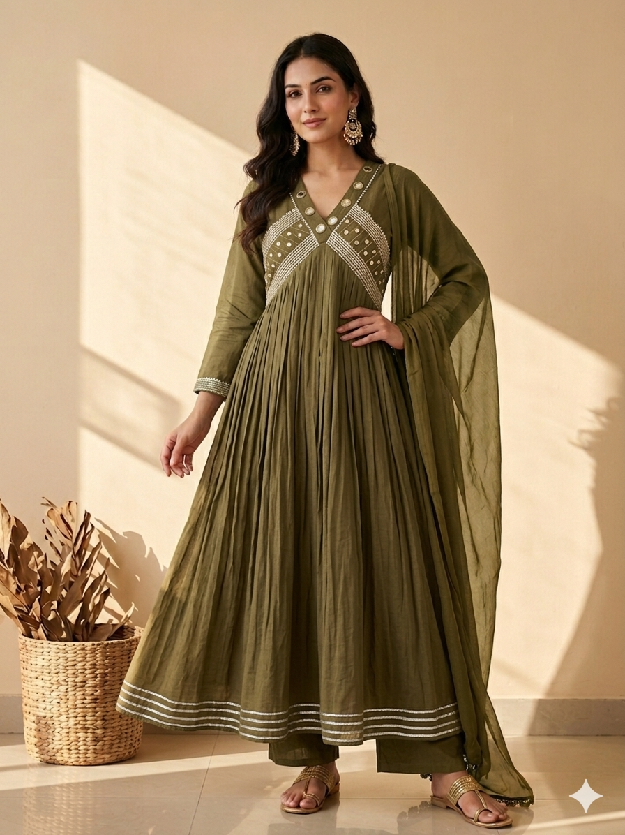 Inaayalina Olive Green Cotton Anarkali Frock Set