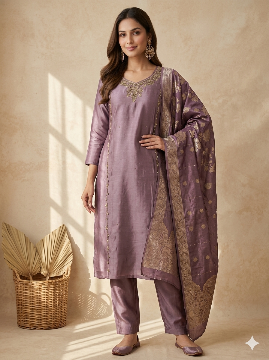 Inaayalina Mauve Premium Silk Kurta Set with Banarasi Dupatta