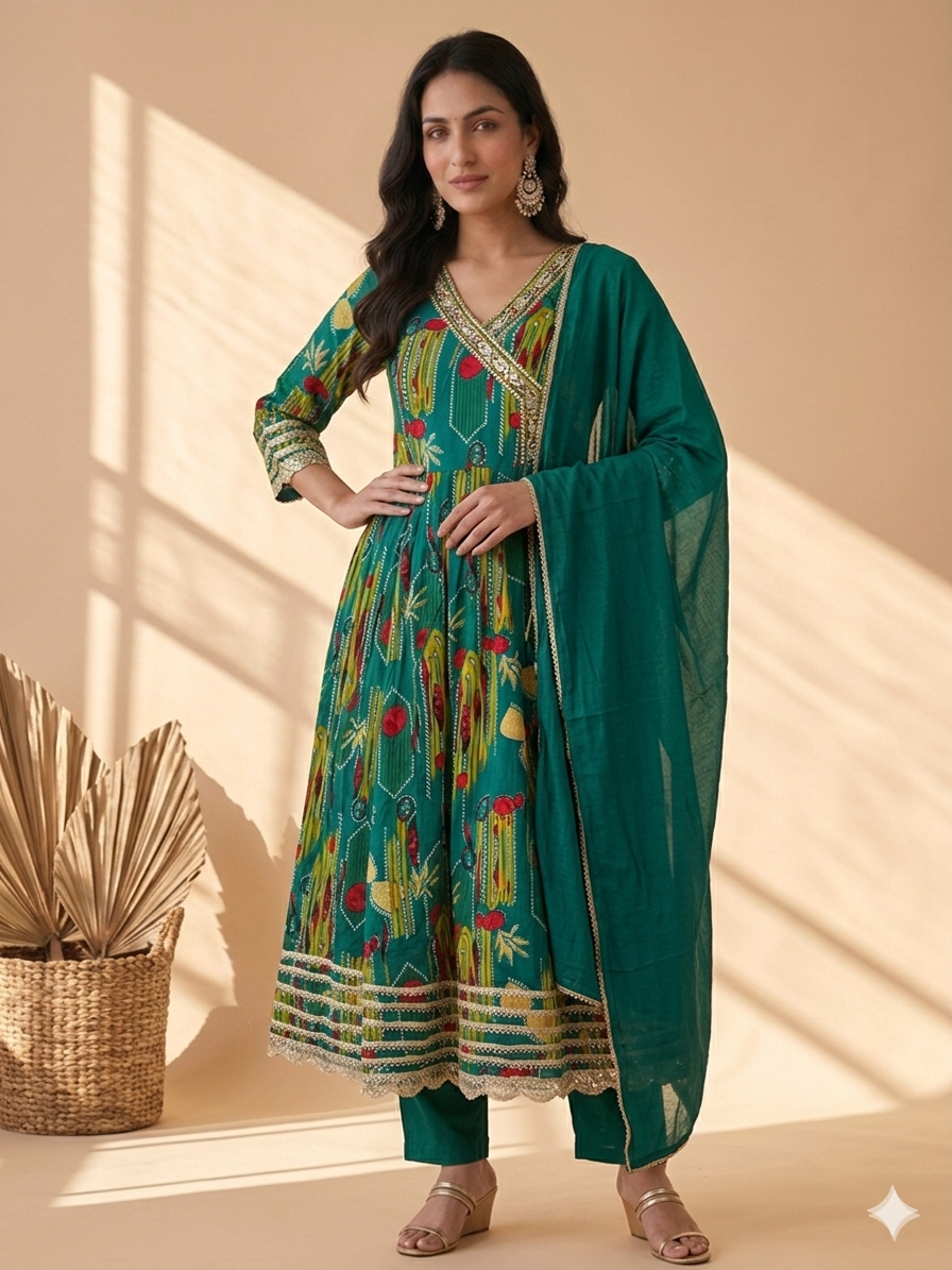 Inaayalina Green Printed Muslin Anarkali Set with Gotta Patti Work