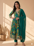 Inaayalina Green Printed Muslin Anarkali Set with Gotta Patti Work