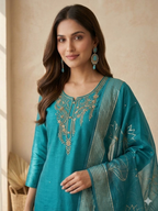 Inaayalina Teal Blue Roman Silk Embroidered Kurta Set