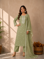 Inaayalina Pista Green Roman Silk Kurta Set with Organza Dupatta