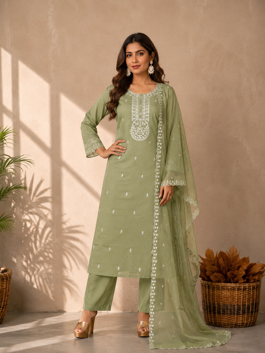Inaayalina Pista Green Roman Silk Kurta Set with Organza Dupatta