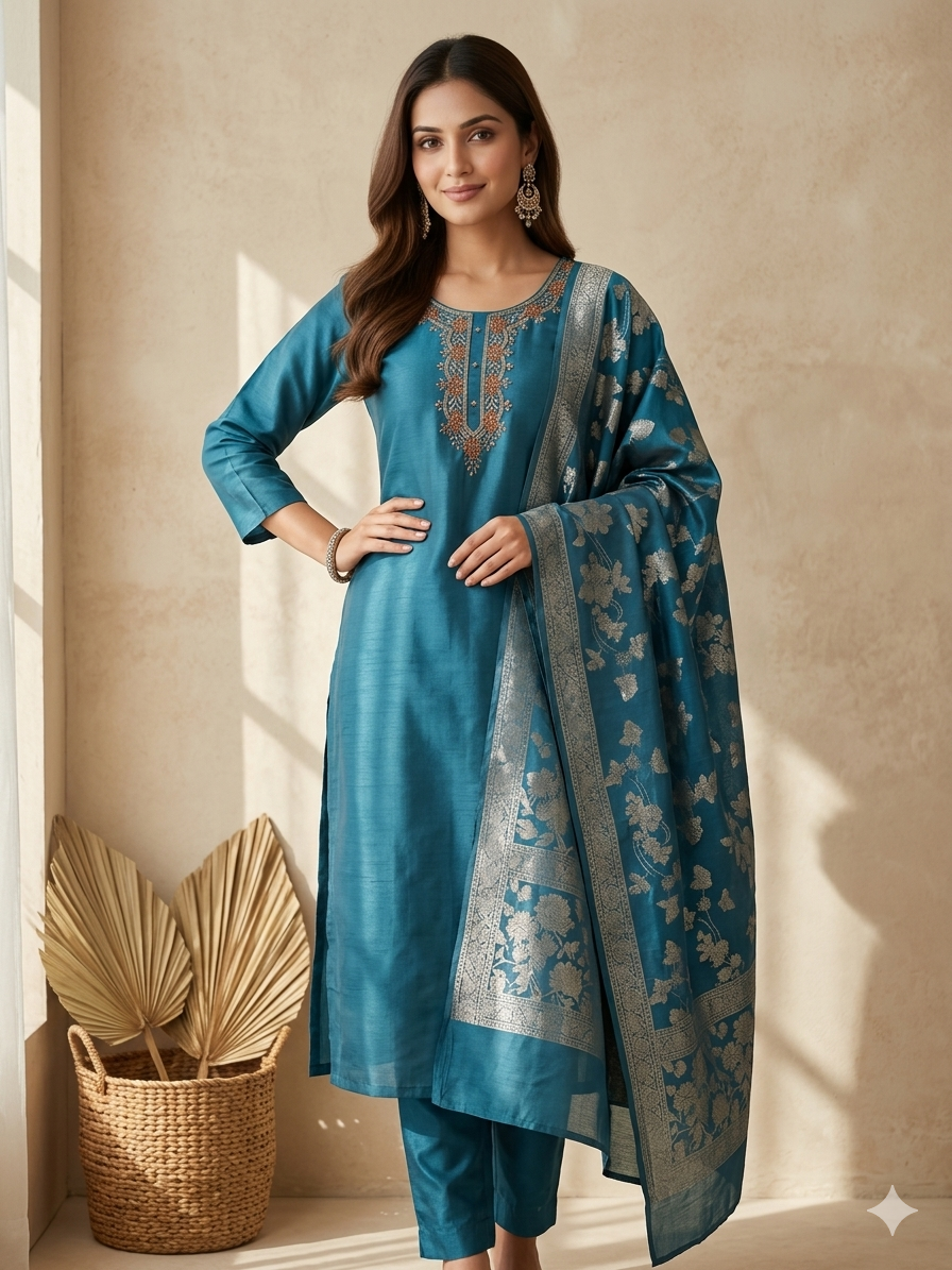 Inaayalina Navy Blue Premium Silk Kurta Set with Banarasi Dupatta