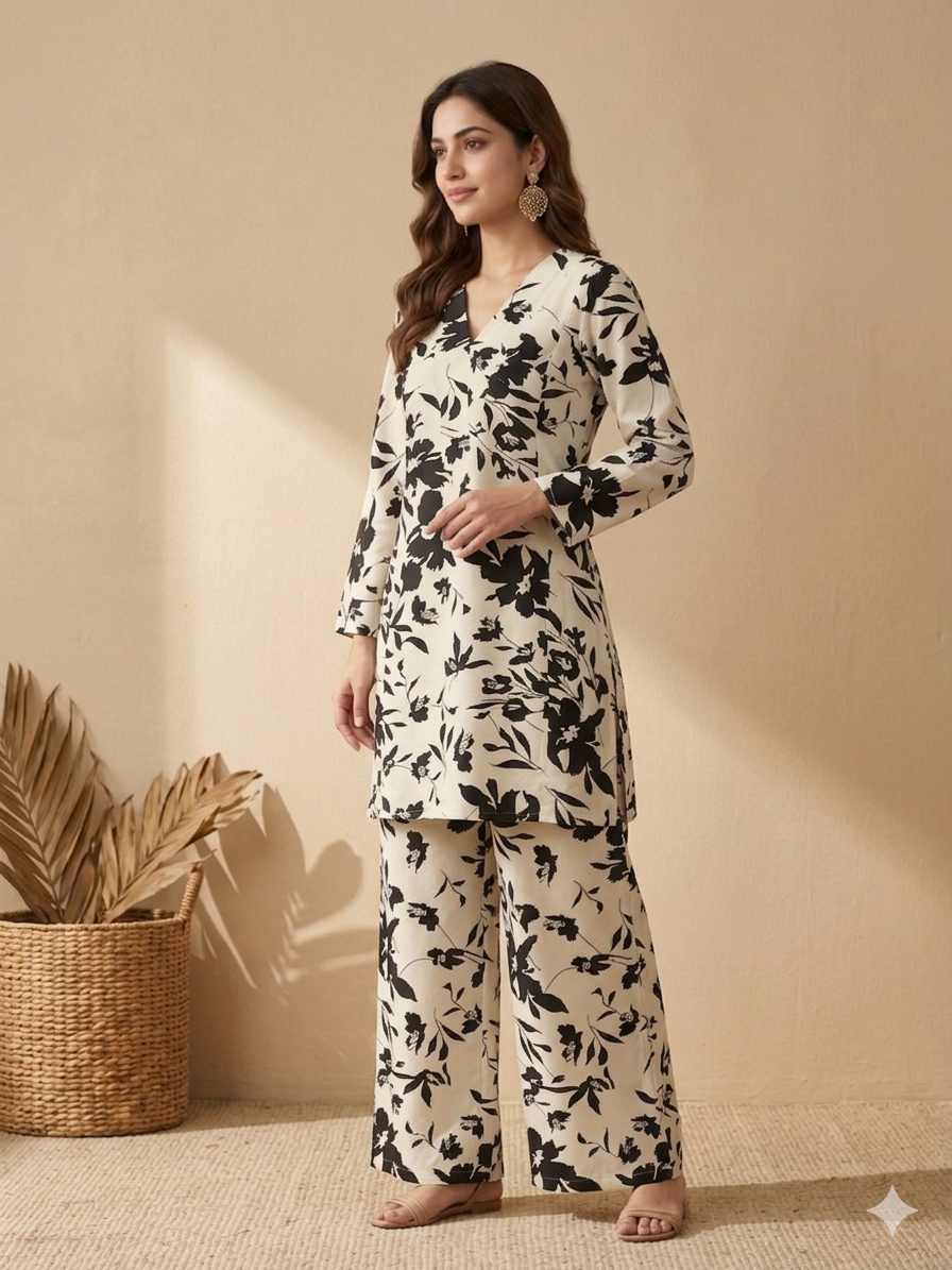 Inaayalina Black & White Floral Printed Cotton Co-ord Set