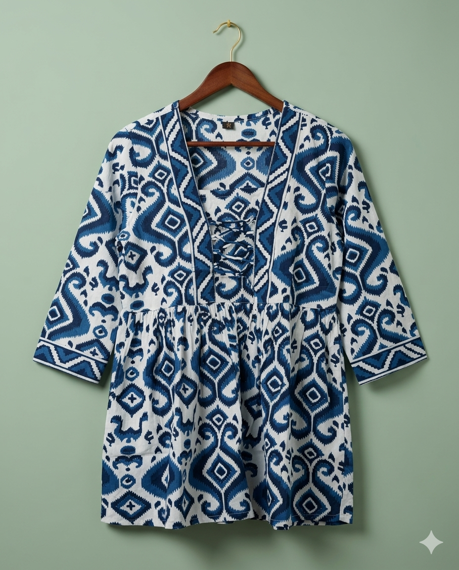 Inaayalina Blue Printed Dori Neck Short Kurti