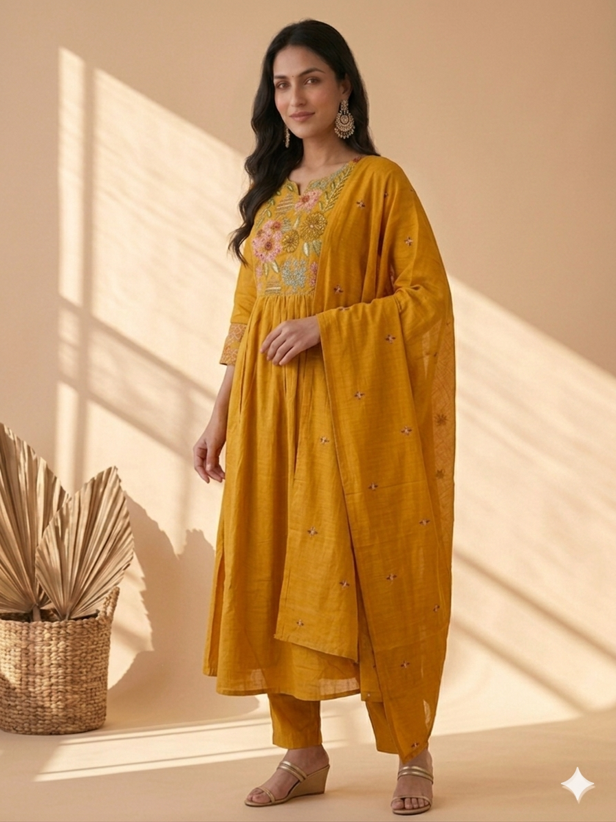 Inaayalina Mustard Yellow Floral Embroidery Anarkali Set