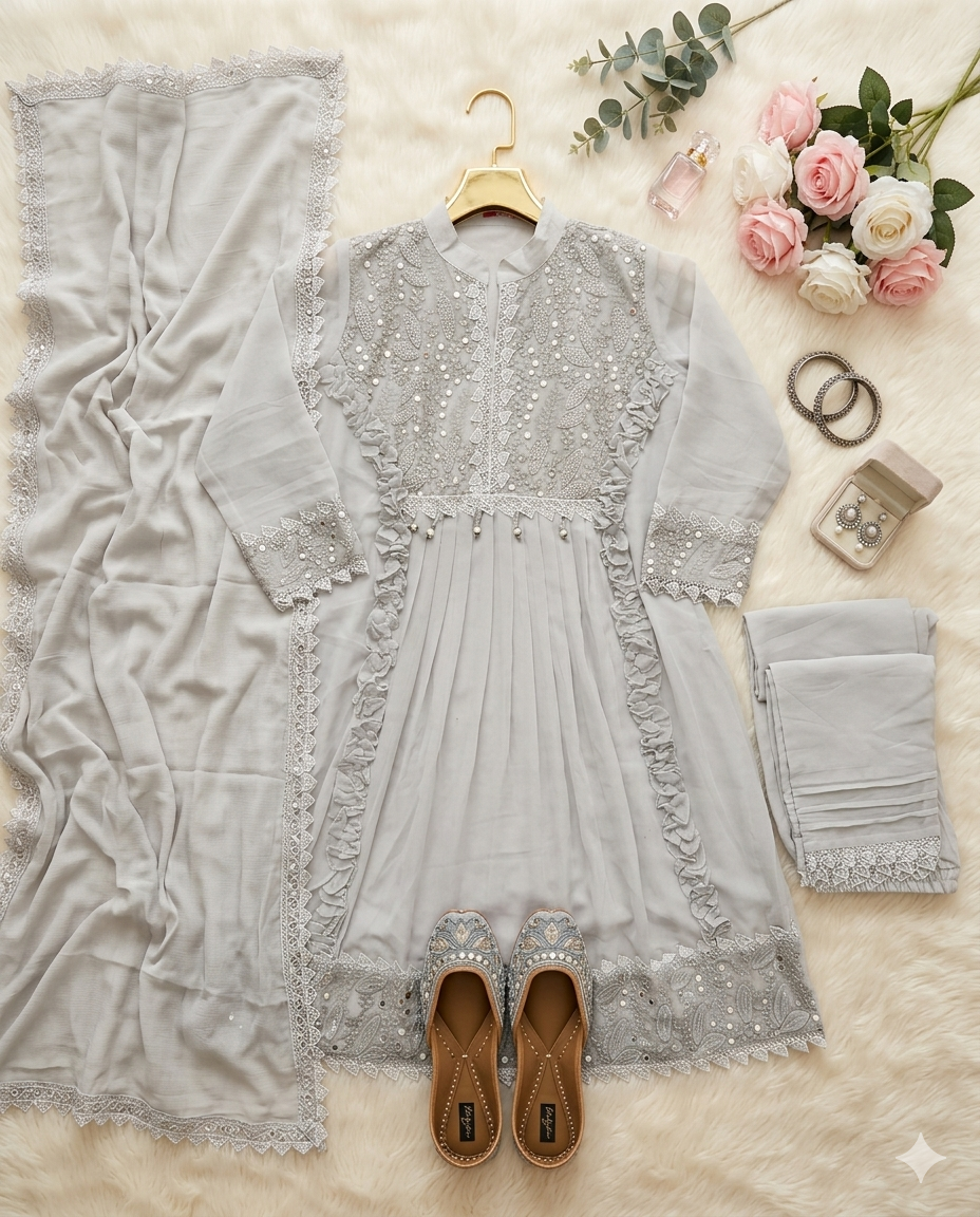 Inaayalina Grey Frock Style Pakistani Kurta Set