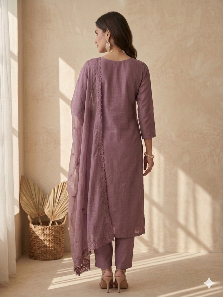 Inaayalina Mauve Roman Silk Kurta Set with Intricate Beads Work