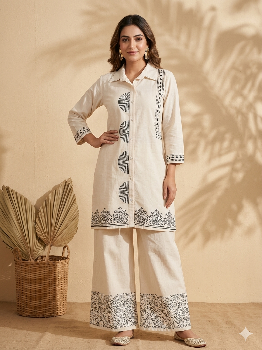 Inaayalina Cream Khadi Cotton Printed Co-ord Set