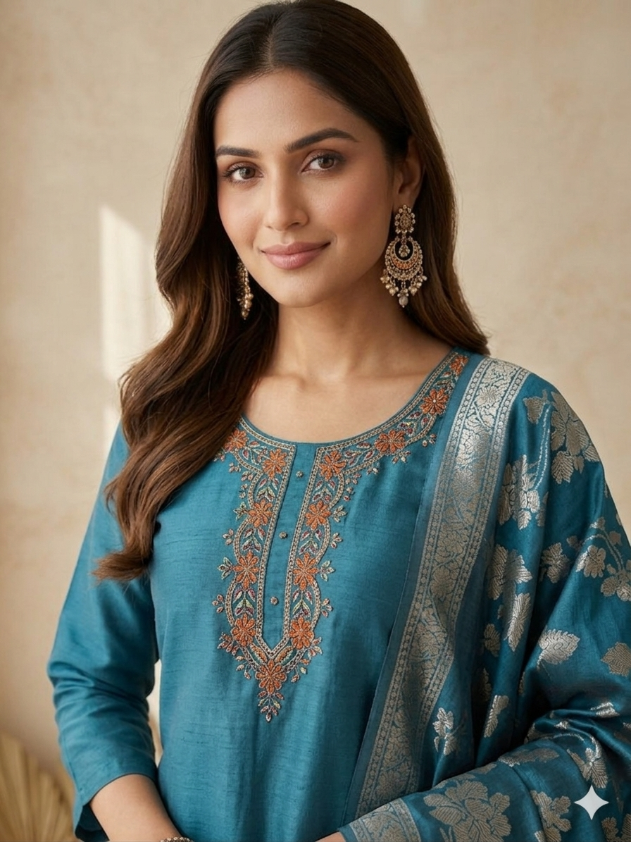 Inaayalina Navy Blue Premium Silk Kurta Set with Banarasi Dupatta