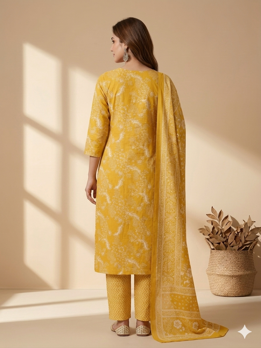 Yellow Jaipuri Printed Pure Cotton Kurta Set with Dupatta