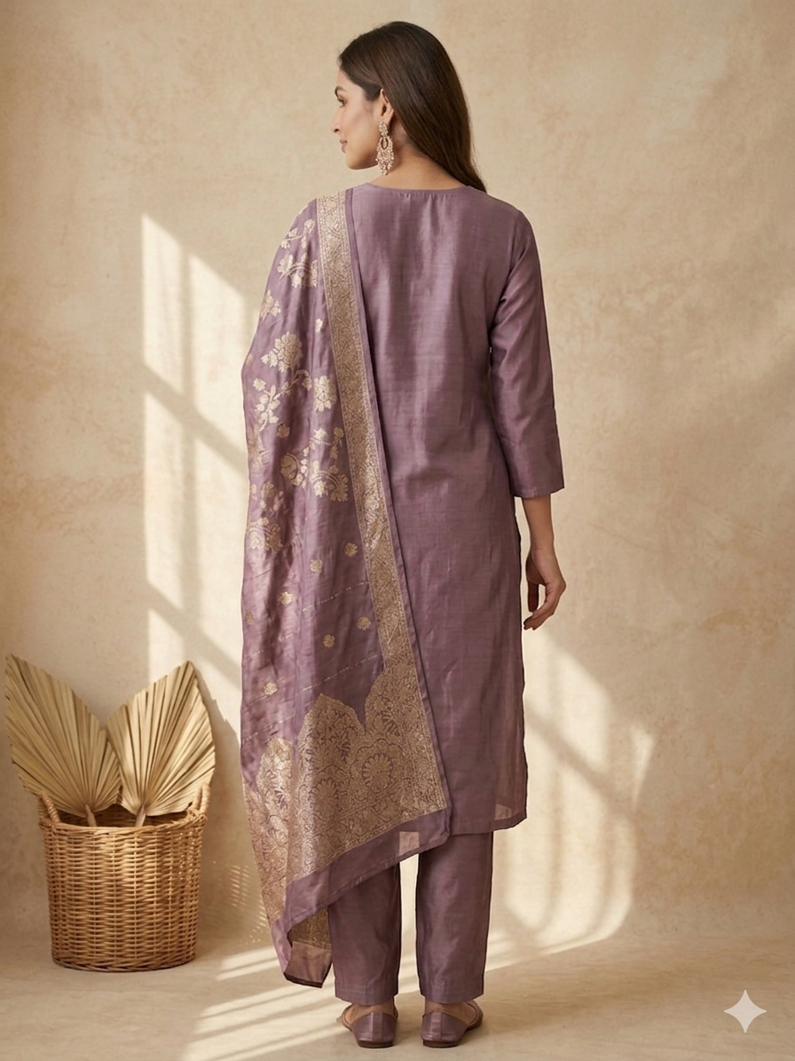 Inaayalina Mauve Premium Silk Kurta Set with Banarasi Dupatta