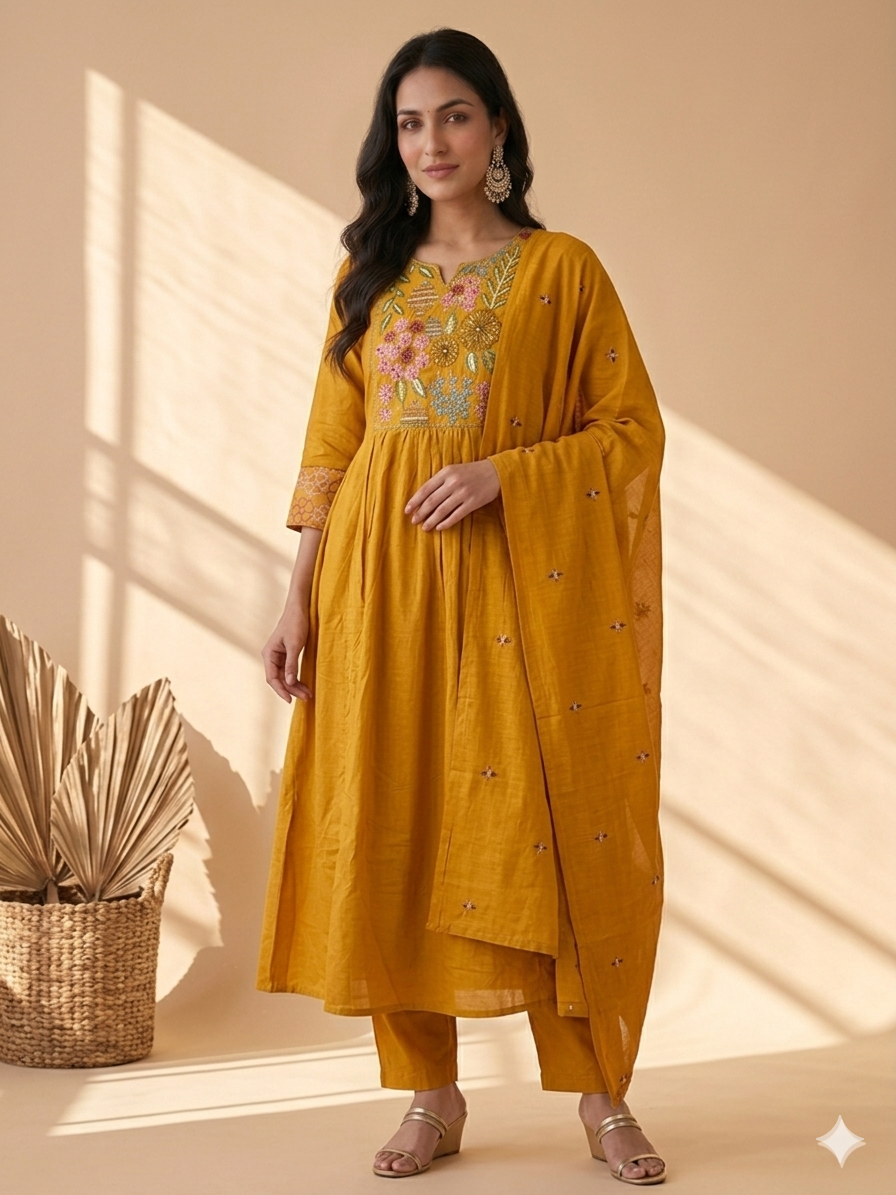 Inaayalina Mustard Yellow Floral Embroidery Anarkali Set