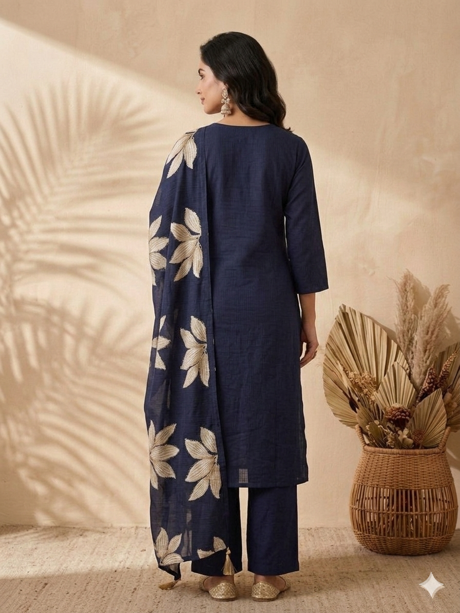 Inaayalina Navy Blue Cotton Kurta Set with Leaf Embroidery
