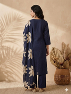 Inaayalina Navy Blue Cotton Kurta Set with Leaf Embroidery