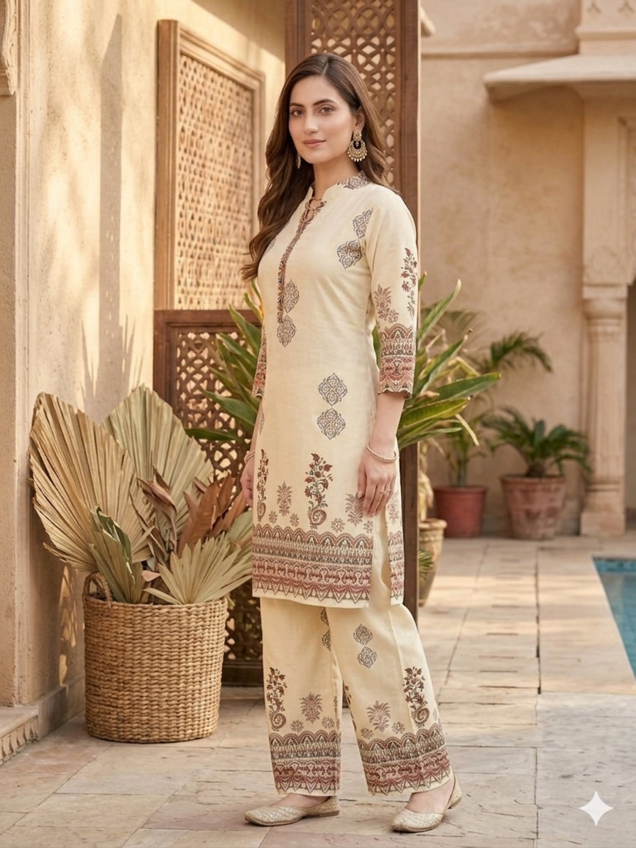 Inaayalina Cream Floral Printed Rayon Co-ord Set