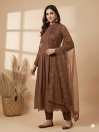 Inaayalina Coffee Brown Cotton Anarkali Set with Net Dupatta
