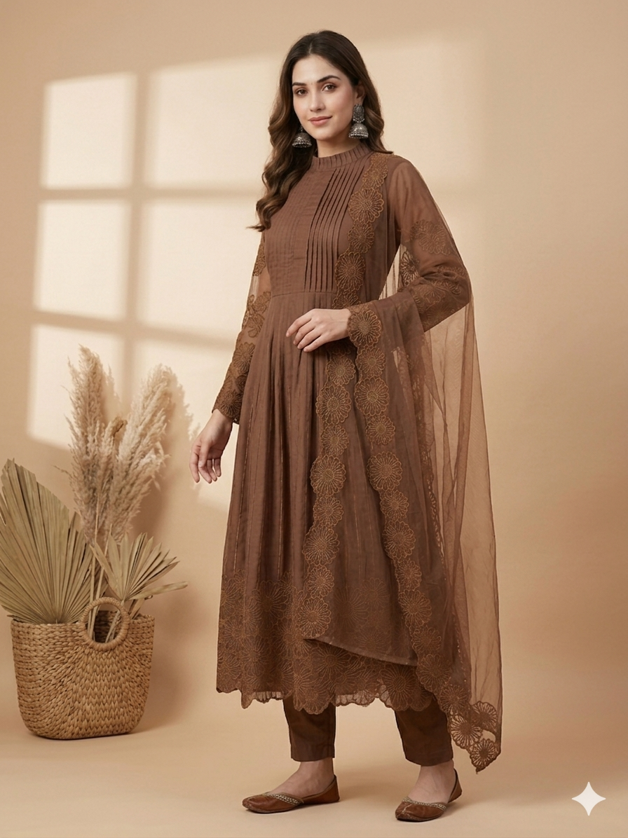 Inaayalina Coffee Brown Cotton Anarkali Set with Net Dupatta