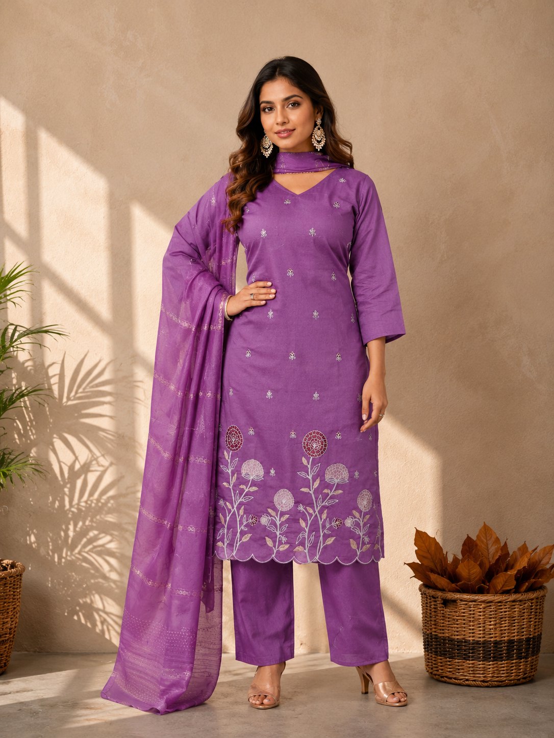 Inaayalina Purple Roman Silk Kurta Set with Embroidered Daman