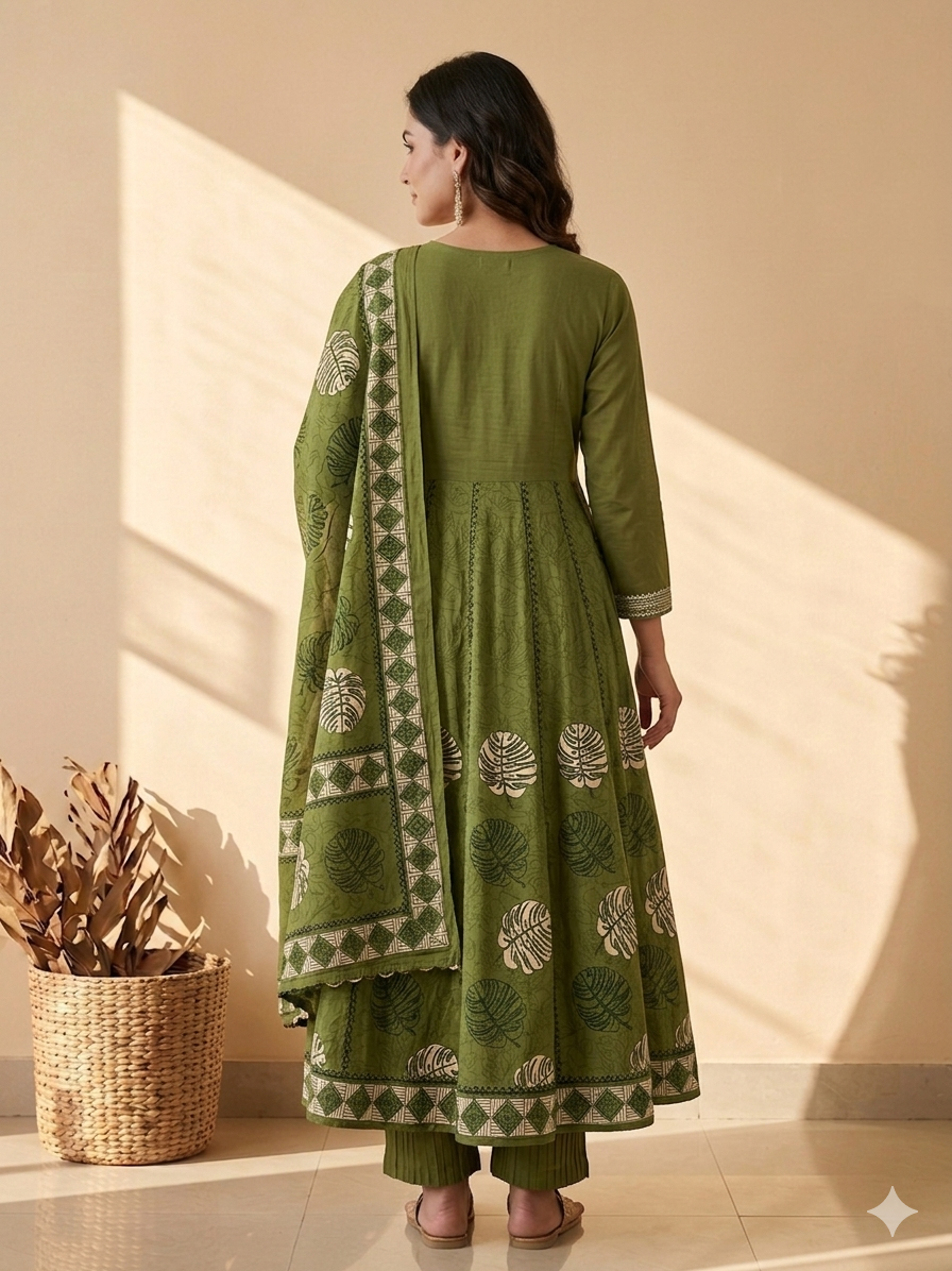 Inaayalina Green Floral Cotton Anarkali Set