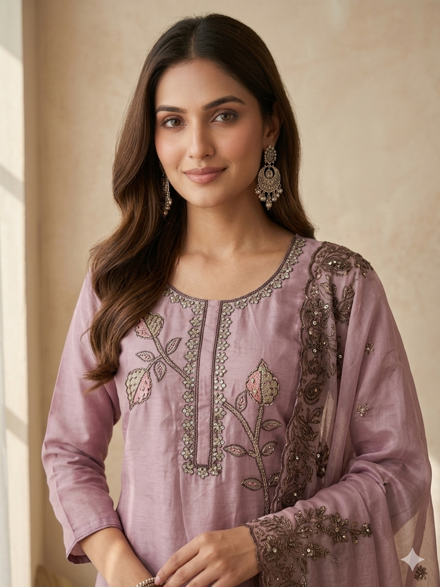 Inaayalina Lavender Roman Silk Embroidered Kurta Set