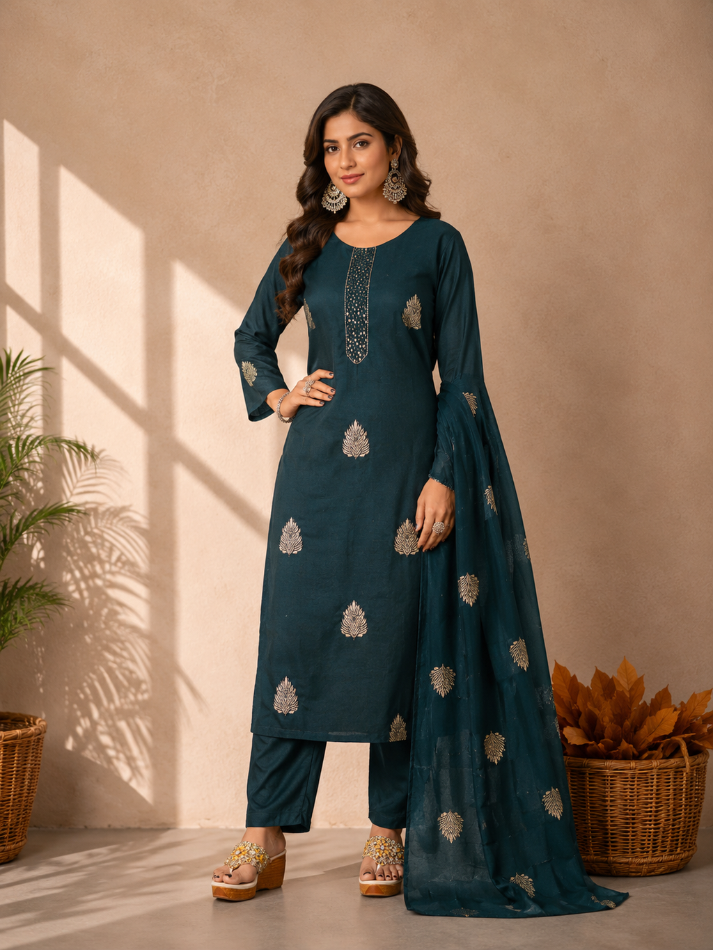 Inaayalina Navy Blue Roman Silk Kurta Set with Organza Dupatta