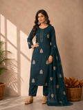 Inaayalina Navy Blue Roman Silk Kurta Set with Organza Dupatta