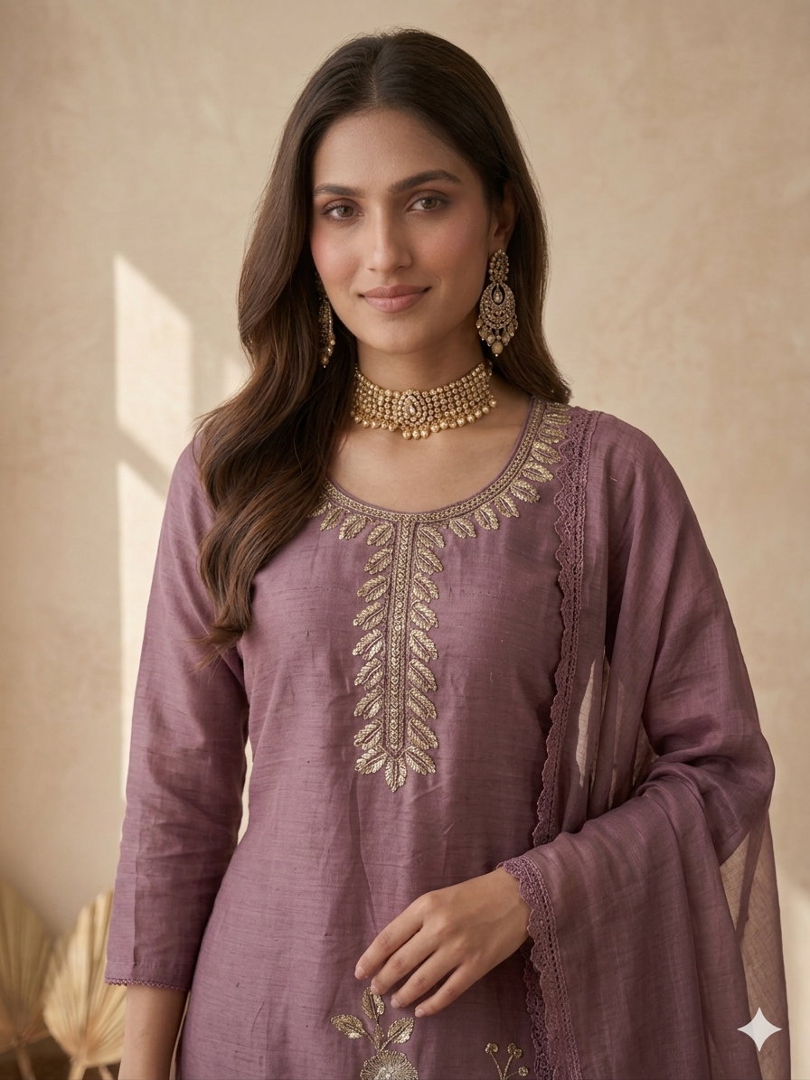 Inaayalina Mauve Roman Silk Kurta Set with Intricate Beads Work