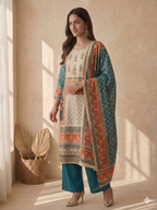 Inaayalina Teal & Cream Shimmer Kurta Set with Shimmer Dupatta