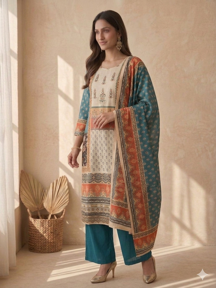 Inaayalina Teal & Cream Shimmer Kurta Set with Shimmer Dupatta