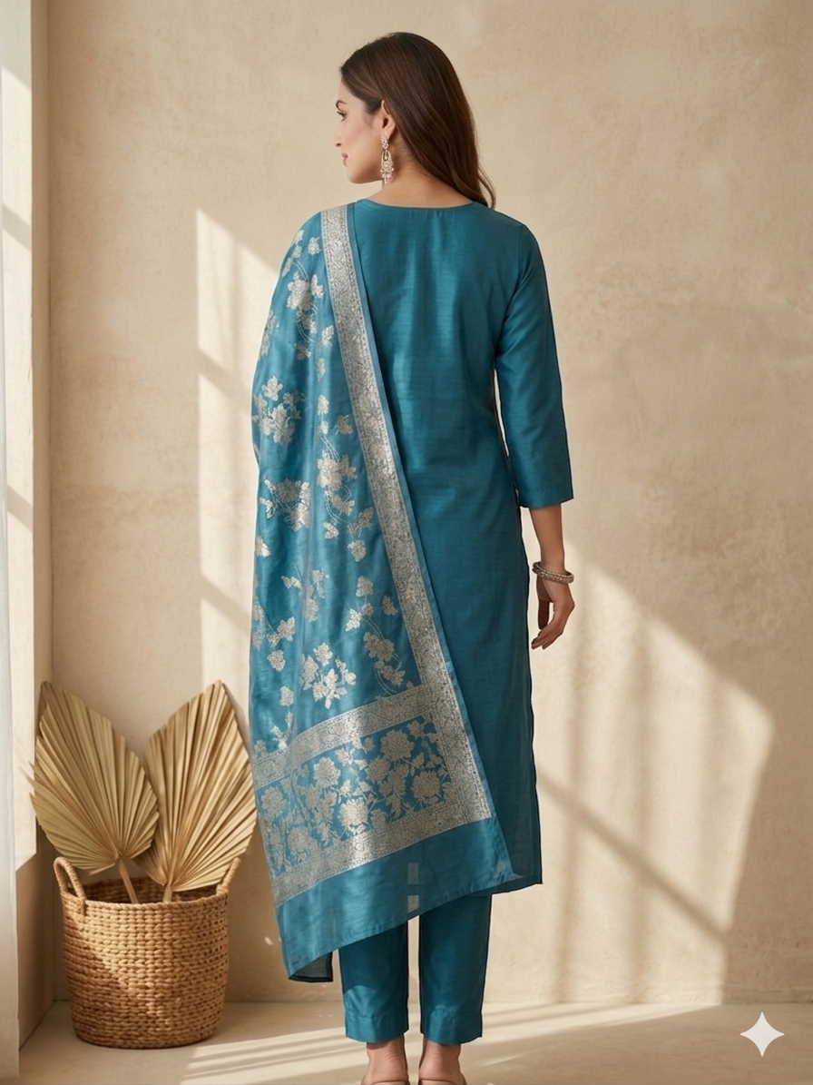 Inaayalina Navy Blue Premium Silk Kurta Set with Banarasi Dupatta