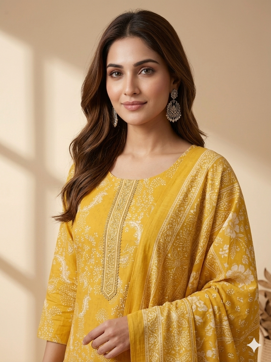 Yellow Jaipuri Printed Pure Cotton Kurta Set with Dupatta