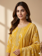 Yellow Jaipuri Printed Pure Cotton Kurta Set with Dupatta