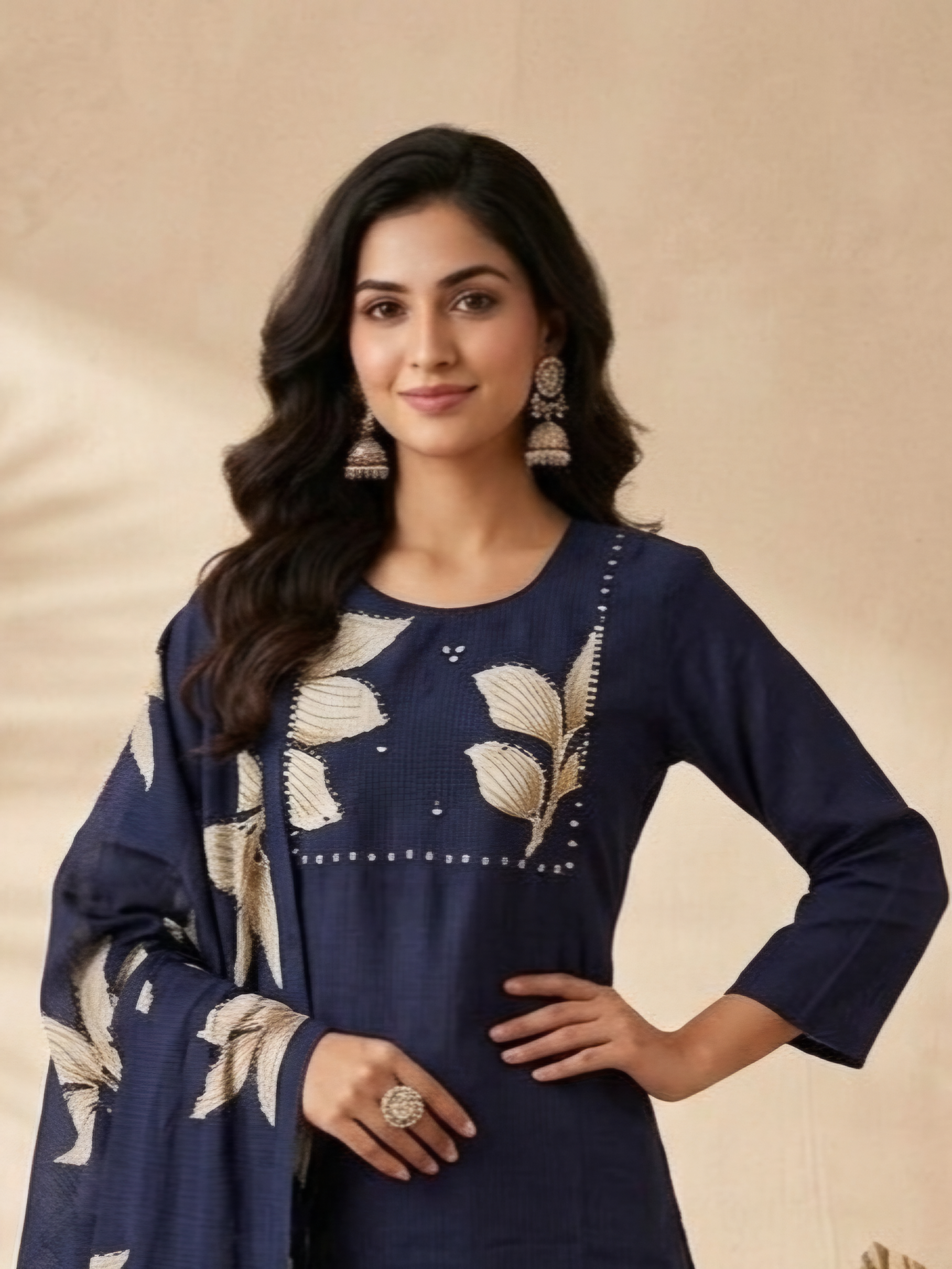 Inaayalina Navy Blue Cotton Kurta Set with Leaf Embroidery