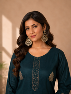 Inaayalina Navy Blue Roman Silk Kurta Set with Organza Dupatta