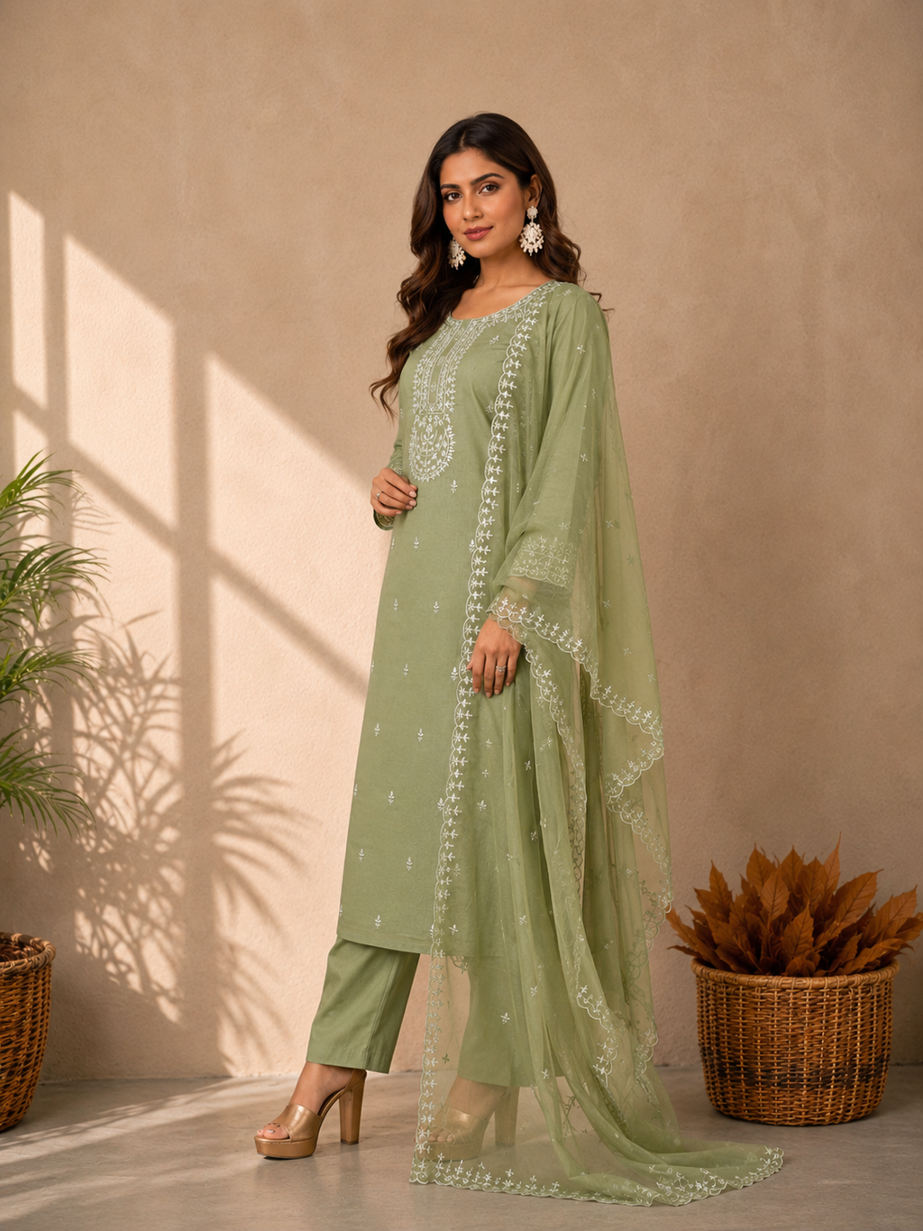 Inaayalina Pista Green Roman Silk Kurta Set with Organza Dupatta