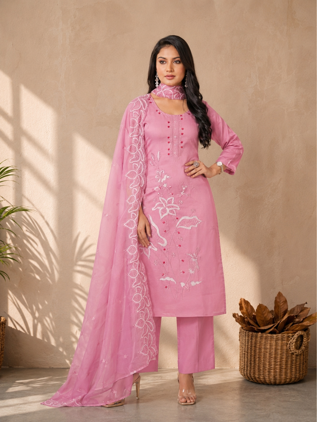 Inaayalina Baby Pink Roman Silk Kurta Set with Organza Dupatta